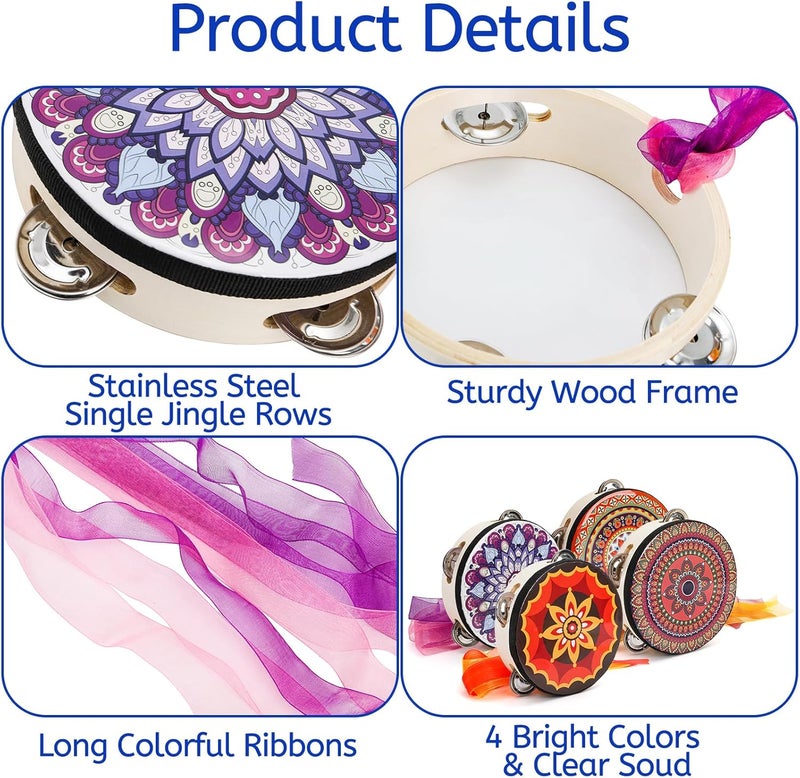 Youeon 4 Pack 6 Inch Colorful Tambourine with Single Row Jingles and Ribbons, Small Wooden Hand Held Drum, Percussion Gift, Tambourines for Adults, Dance, Photo Prop - Image 3